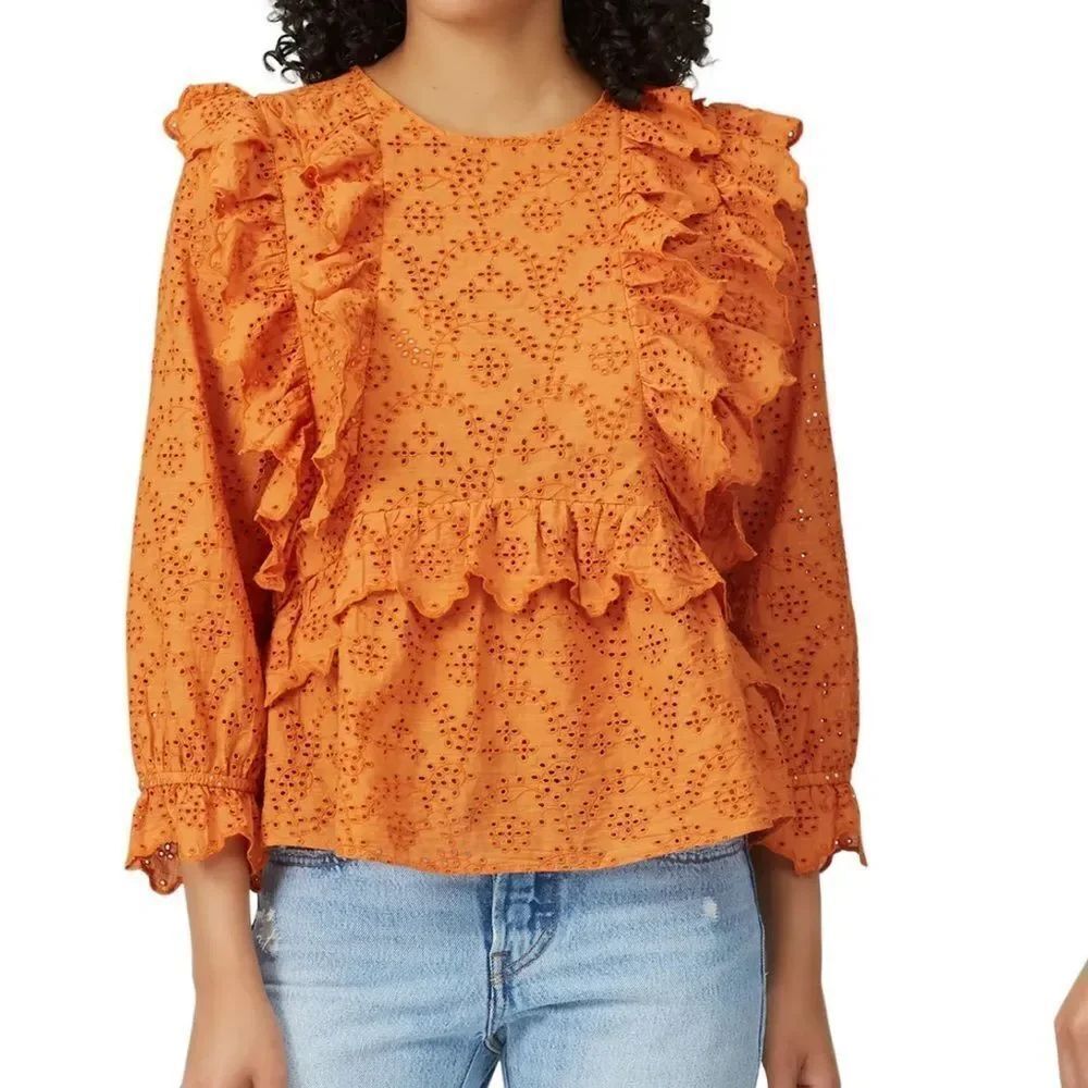THE GREAT. Eyelet Flutter Top